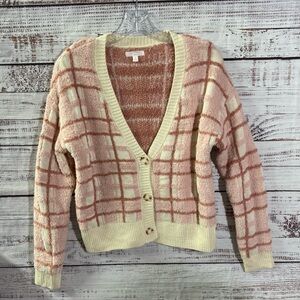 LC Lauren Conrad Pink and Cream Plaid Cardigan